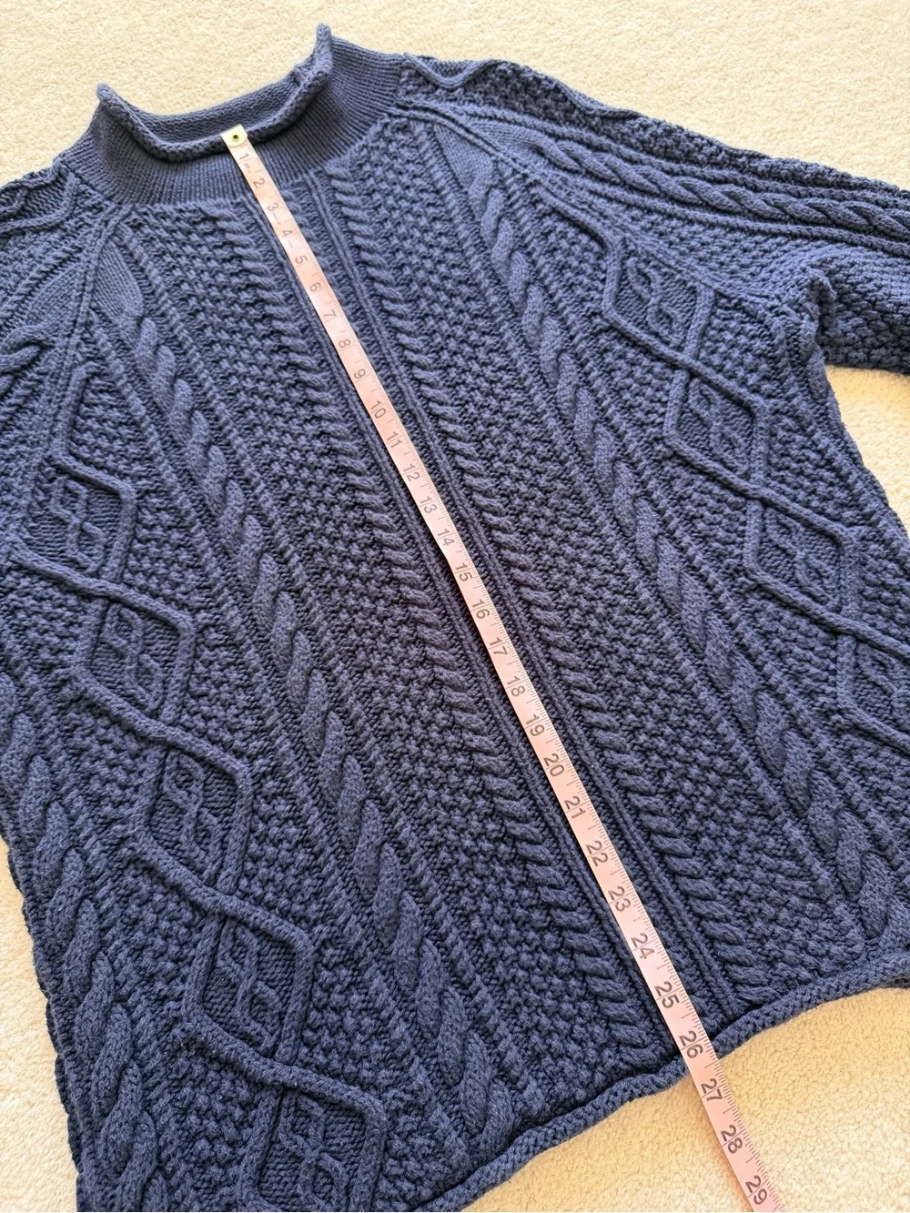 J.Crew Oarsman Sweater Large Blue Cable Knit Roll Neck Pullover 100% Cotton
